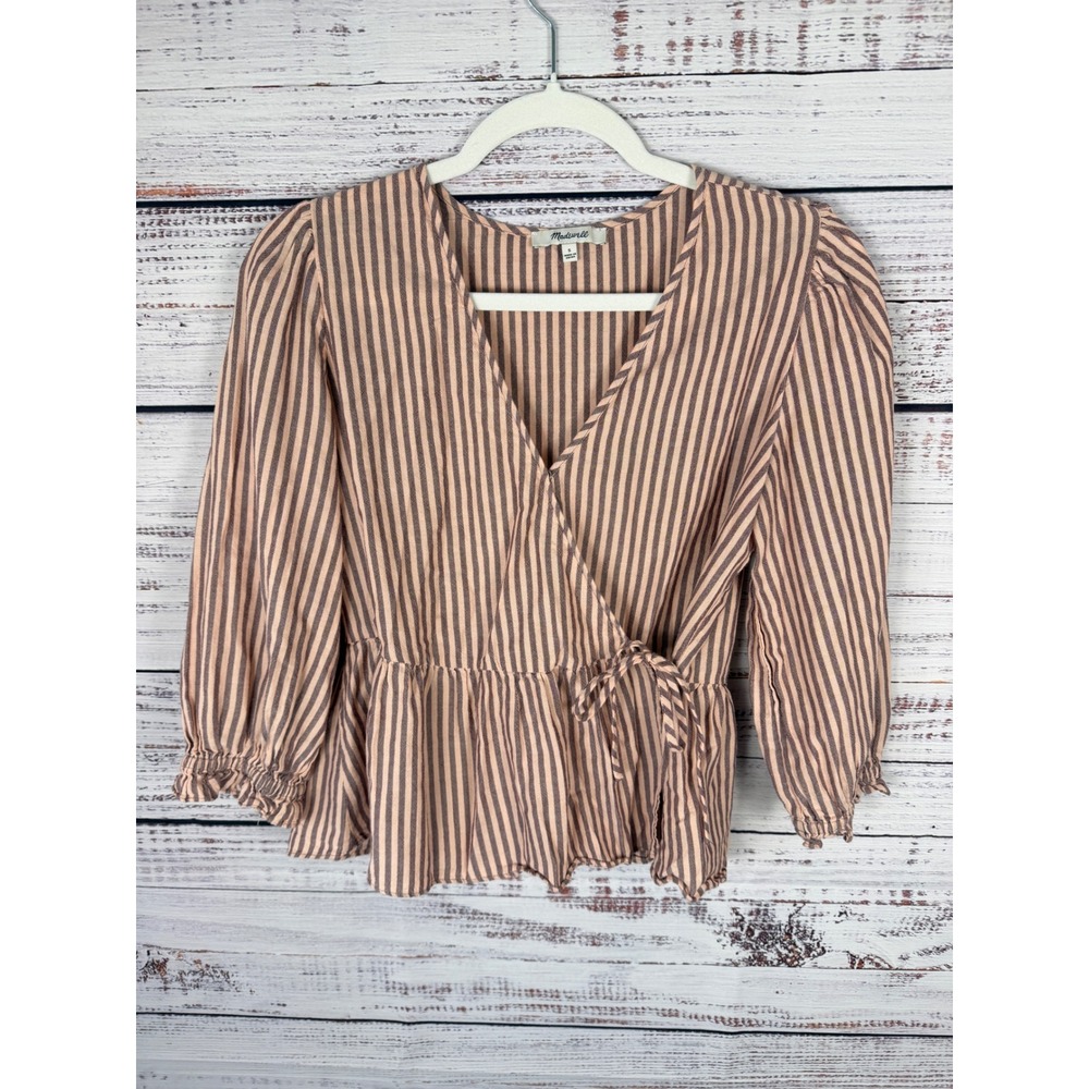 Madewell Pink Brown Striped Wrap Peplum Top S - Picture 2 of 6